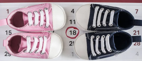 Kleine Babyschuhe mit Kalender — Stockfoto