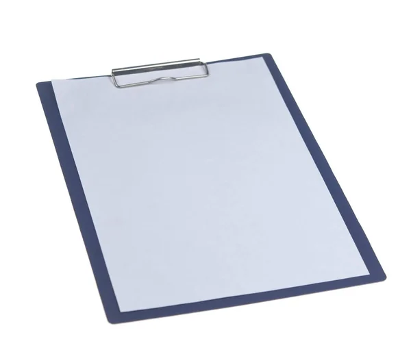 Blue clipboard with blank white sheet attached on white backgrou — Stock Photo, Image