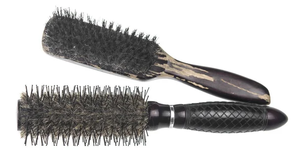 Escova de cabelo de plástico isolado no fundo branco, vista superior — Fotografia de Stock