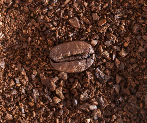 Chicchi di caffè da vicino sulla polvere di caffè — Foto Stock