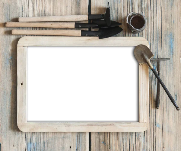 Blackboard with garden tools — Stock Photo, Image