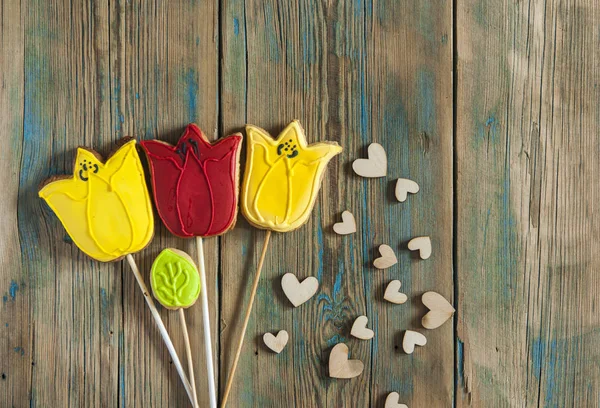 Cookies in shape of flowers tulips. Top view, place for text,cop — Stock Photo, Image