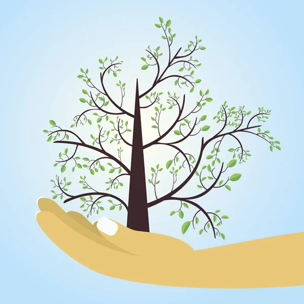 Ilustración de una mano y un árbol — Vector de stock
