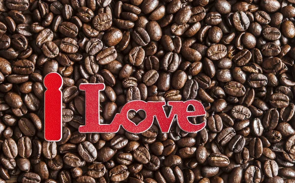 Jag älskar kaffe, kaffebönor som används för att stava på gamla trä ba — Stockfoto