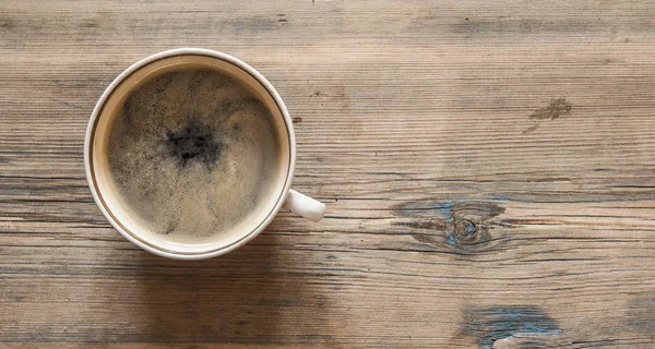 Kopje Koffie Houten Tafel Bovenaanzicht — Stockfoto