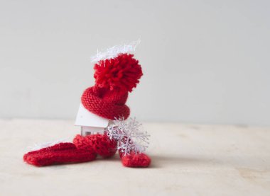 Kırmızı yün atkılı kavramsal minyatür model evi kapatın.