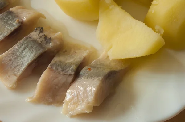 Солоний оселедець і варена картопля на білій тарілці — стокове фото
