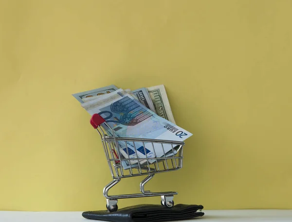 Portemonnee met geld, winkelwagen op kleurrijke achtergrond. Ruimte f — Stockfoto