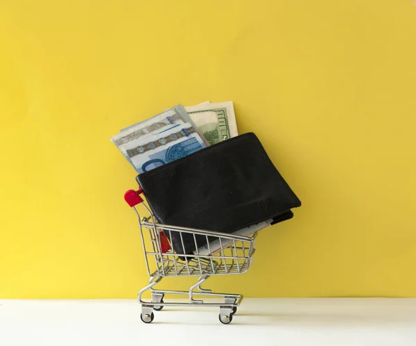 Wallet with money, shopping cart on colorful background. Space f