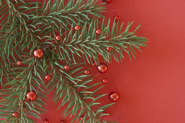 Weihnachtsgrußkarte mit grünen Tannenzweigen und roten Perlen a — Stockfoto