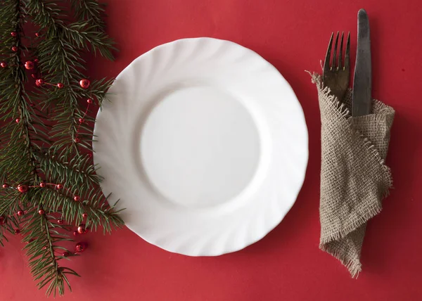 Weihnachten Hintergrund mit leerem Geschirr und Besteck. — Stockfoto