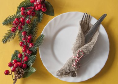 Şenlik masası, Noel yemeği, öğle yemeği. Beyaz tabak, çatal
