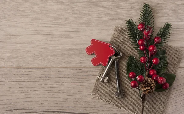 Flat layout on wooden background: figures, house, key and spruce — Stock Photo, Image