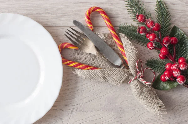 Cute Christmas table setting. Top view with copy space for your — ストック写真