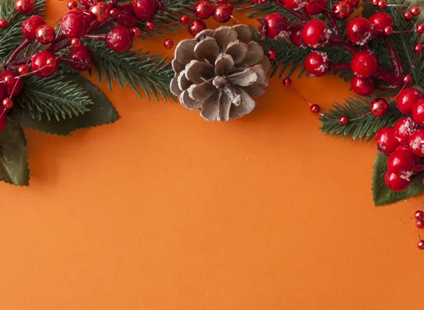 Χριστουγεννιάτικα μούρα και κώνους με αντιγραφικό χώρο σε κόκκινο φόντο χαρτιού — Φωτογραφία Αρχείου