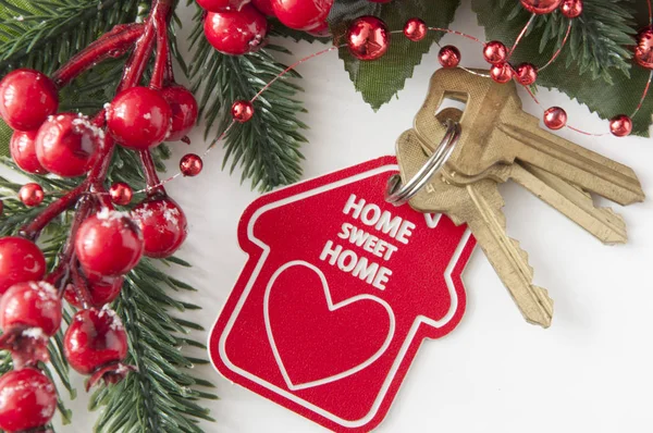 Vintage nyckel med husets skylt och julpynt på vit p — Stockfoto