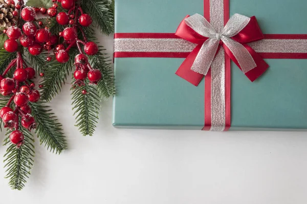 Confezione regalo di Natale, bacche e coni con copia-spazio su bianco p — Foto Stock