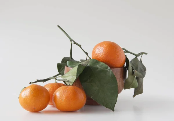 Stelletje sappige sinaasappelmandarijnen met bladeren op witte rug — Stockfoto