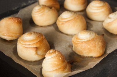 Fırından ev yapımı çörekler fırın tepsisinde.