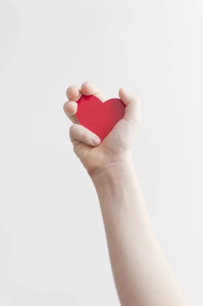 Child's hand holding red heart over white background — 스톡 사진