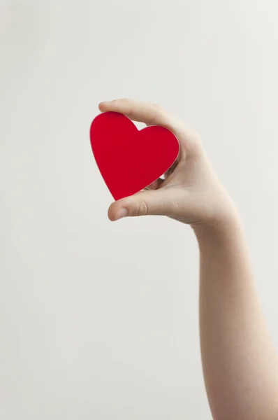 Child's hand holding red heart over white background — 스톡 사진