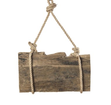 Beyaz arkaplana asılmak için lope ile boş tahta tabela