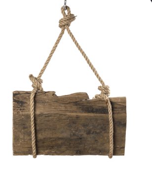 Beyaz arkaplana asılmak için lope ile boş tahta tabela