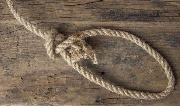 Close Thick Hemp Rope Natural Rope Old Wooden Table Side — Stock Photo, Image