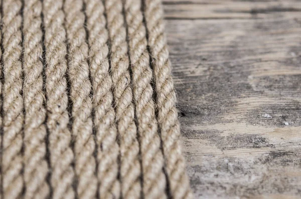 Close Thick Hemp Rope Natural Rope Old Wooden Table Side — Stock Photo, Image