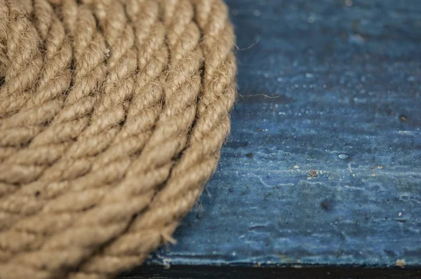 Close Thick Hemp Rope Natural Rope Old Wooden Table Side — Stock Photo, Image