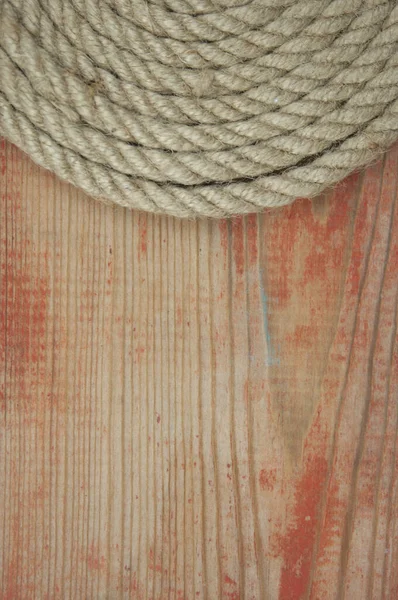 Detailní Záběr Silného Konopného Lana Přírodní Provaz Starém Dřevěném Stole — Stock fotografie