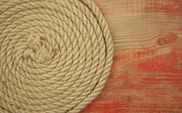 Close Thick Hemp Rope Natural Rope Old Wooden Table Side — Stock Photo, Image