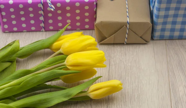 Holidays Still Life Colorful Tulips Gift Box — Stock Photo, Image