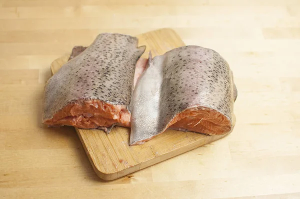 Pieces Rainbow Fresh Trout Fish Wooden Surface — Stock Photo, Image