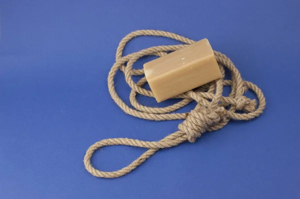 Rope Loop Brown Soap Blue Background Rope Hangman Noose Suicide — Stock Photo, Image