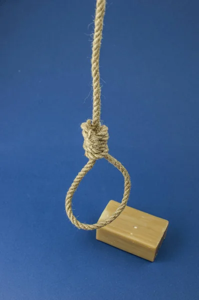 Rope Loop Brown Soap Blue Background Rope Hangman Noose Suicide — Stock Photo, Image