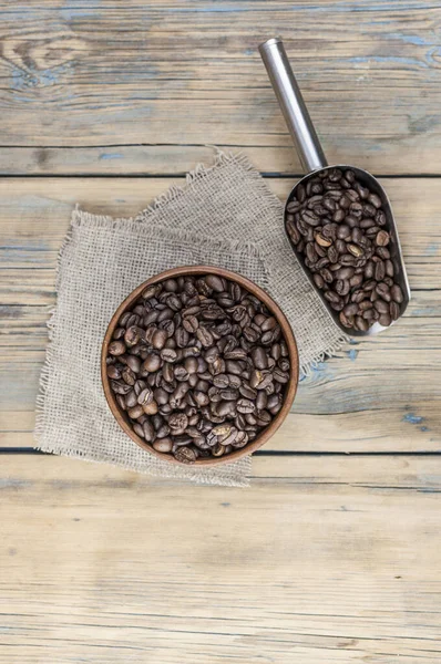 Roasted Coffee Beans Wooden Bowl Close Copy Space — Stock Photo, Image