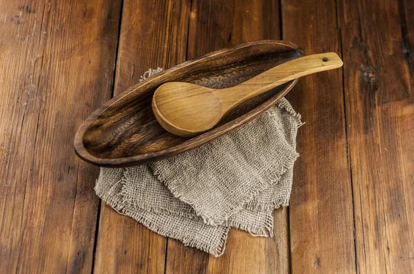 Wooden Empty Bowl Spoon Hand Dark Wooden Table View Top — Stock Photo, Image