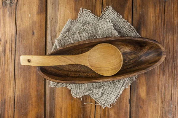 Wooden Empty Bowl Spoon Hand Dark Wooden Table View Top — Stock Photo, Image