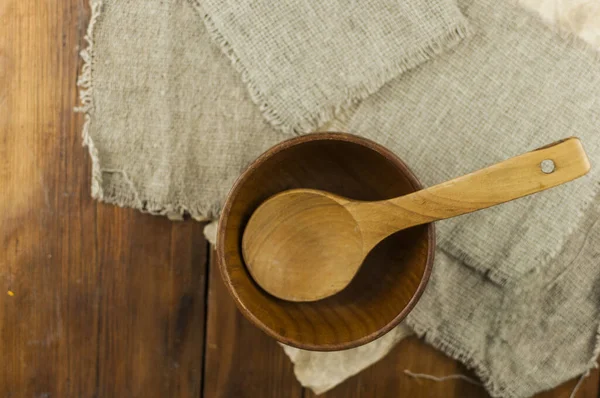 Cuenco Vacío Madera Mano Cuchara Mesa Madera Oscura Vista Desde —  Fotos de Stock