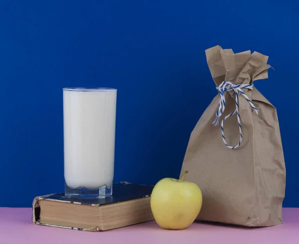 Breakfast Paper Lunch Bags Glass Milk — Stock Photo, Image