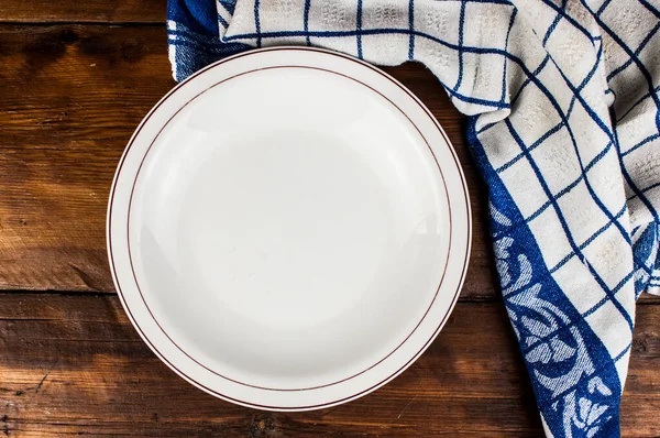 Assiette Vide Avec Serviette Sur Table Bois Marron — Photo