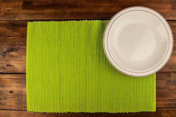 Empty Plate Napkin Brown Wooden Table — Stock Photo, Image