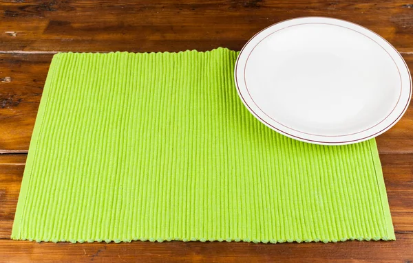 Empty Plate Napkin Brown Wooden Table — Stock Photo, Image