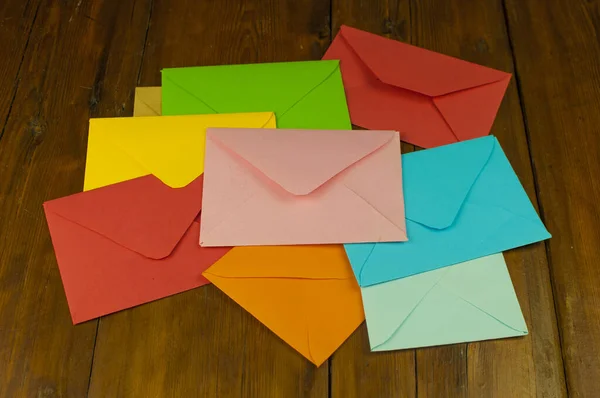 Colorful Envelopes Lying Old Wooden Table Copy Space — Stock Photo, Image