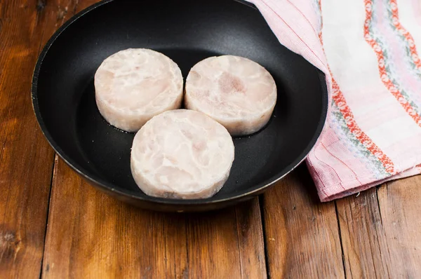 Frying Raw Fishballs Oil Pan Top View Horizontal — Stock Photo, Image