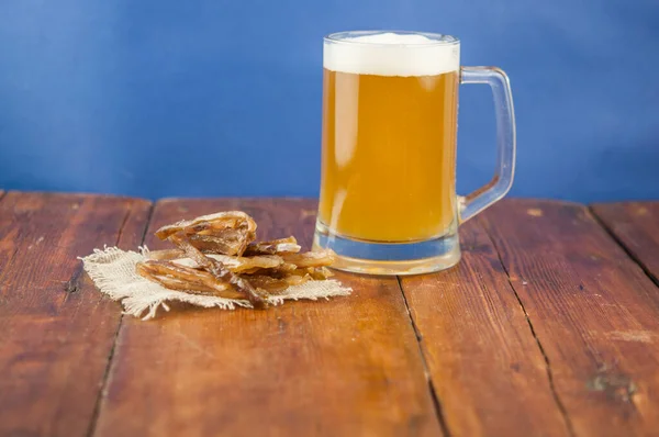 Dried Fish Shape Straw Beer Glass Wooden Table Salted Fish — Stock Photo, Image