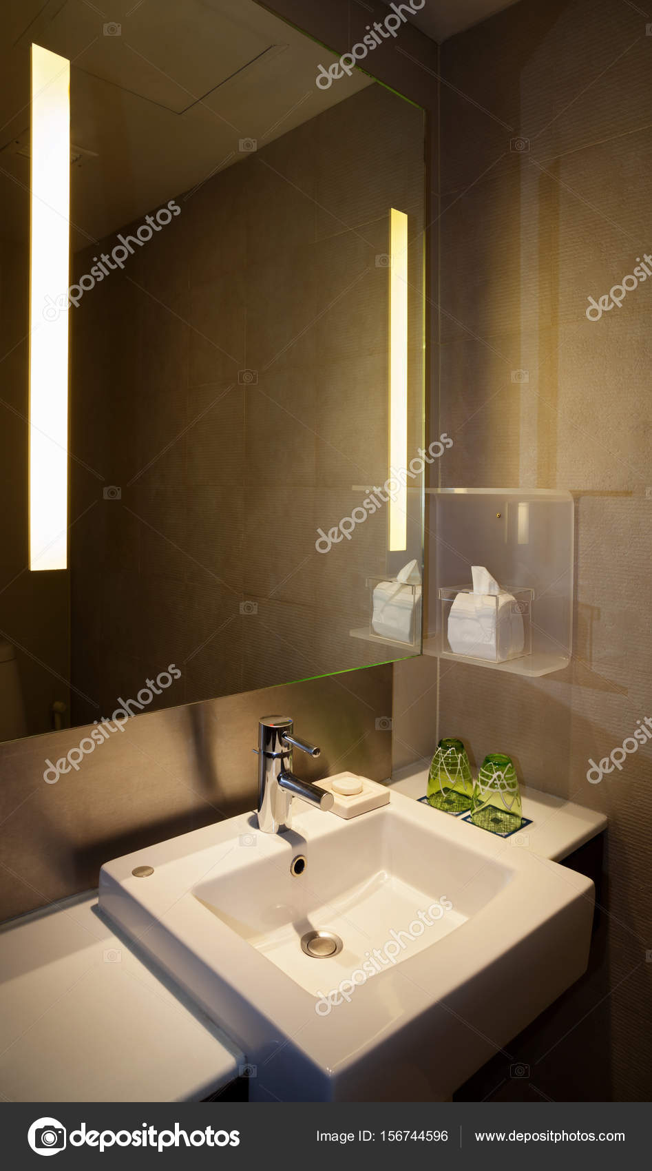 Water Tap With Square Sink In A Modern Wc With Illuminated Mirror