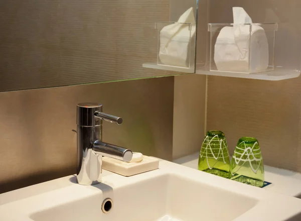 Modern Toilet Water Faucet with Mirror and Brown Tiles — Stock Photo, Image