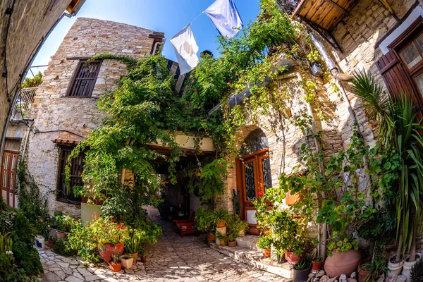 Colorido patio trasero tranquilo en el pueblo de Lefkara. Distrito de Larnaca, Chipre —  Fotos de Stock